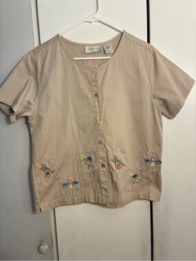 Lemon Grass Women Vtg Beige Button Up Shirt L NWT Embroidered Granny Cottagecore